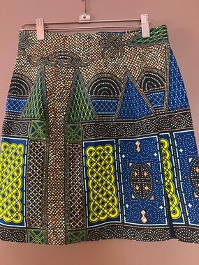 Printed A-Line Midi Skirt - Blue & Yellow Pattern African Print
